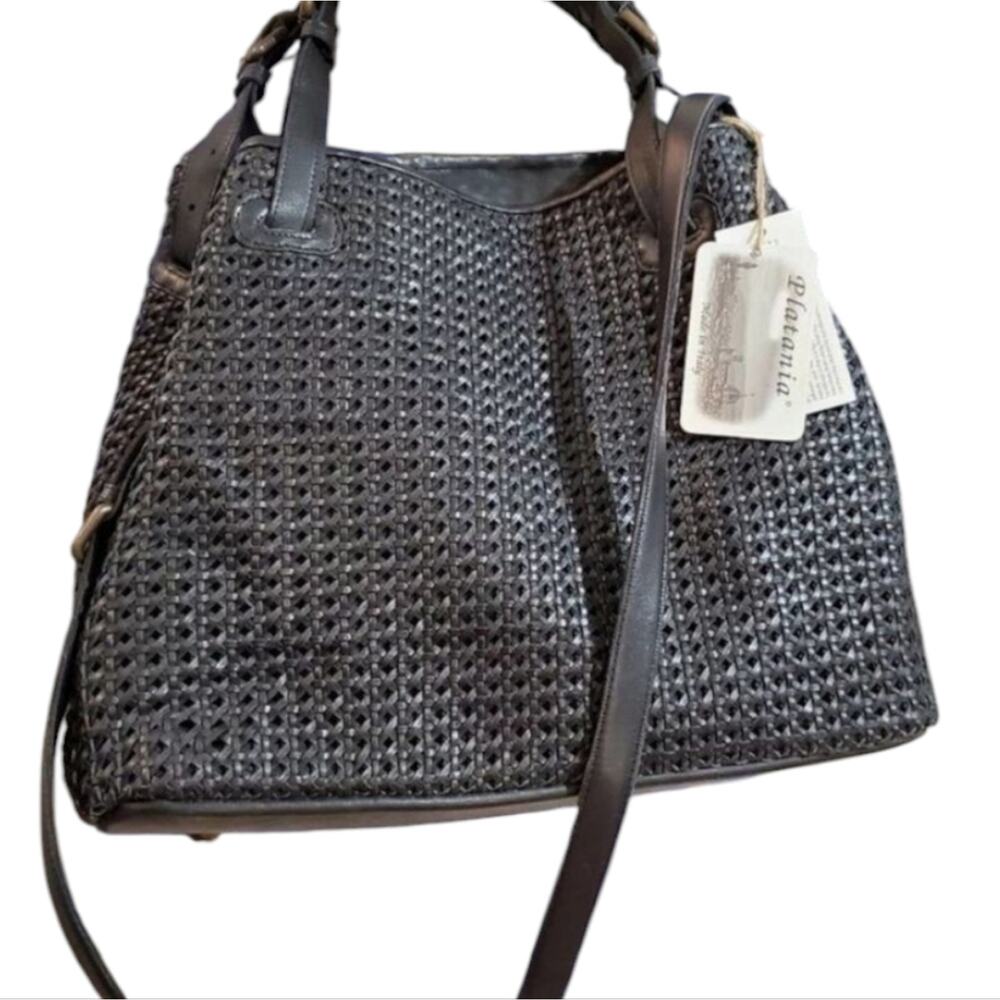 PLATANIA Italian leather black basketweave woven hobo crossbody bag purse New - Picture 3 of 12
